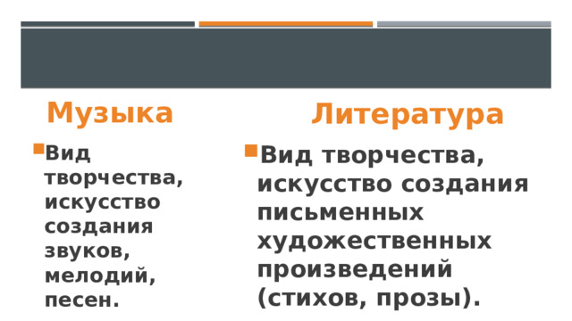 Музыка Литература Вид творчества, искусство создания звуков, мелодий, песен. Вид творчества, искусство создания письменных художественных произведений (стихов, прозы). 