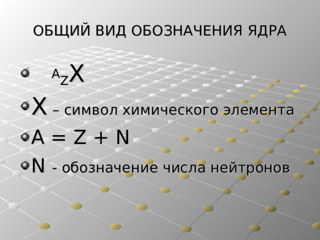 ОБЩИЙ ВИД ОБОЗНАЧЕНИЯ ЯДРА   A Z Х Х – символ химического элемента A = Z + N N  - обозначение числа нейтронов  