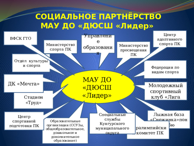 СОЦИАЛЬНОЕ ПАРТНЁРСТВО  МАУ ДО «ДЮСШ «Лидер» Центр адаптивного спорта ПК ВФСК ГТО Управление образования Министерство спорта ПК Министерство просвещения ПК Отдел культуры и спорта Федерации по видам спорта ДК «Мечта» МАУ ДО «ДЮСШ «Лидер» Молодежный спортивный клуб «Лига Стадион «Труд» Лыжная база «Снежинка»поньлбю Центр спортивной подготовки ПК Специальные службы Кунгурского муниципального округа Образовательные организации (ССУЗы, общеобразовательное, дошкольное и дополнительное образование) Паралимпийский комитет ПК 
