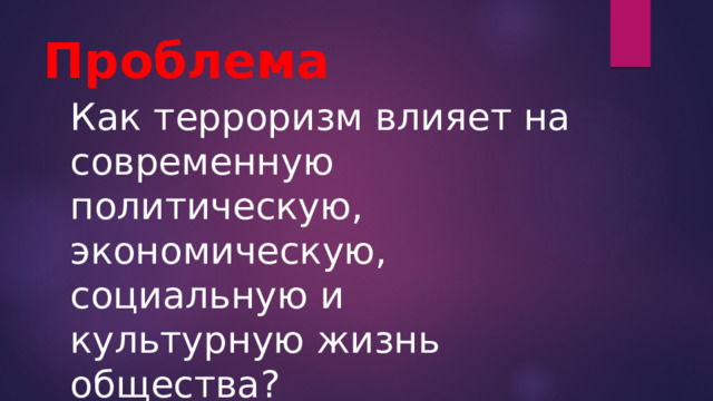 Проблема Как терроризм влияет на современную политическую, экономическую, социальную и культурную жизнь общества? 