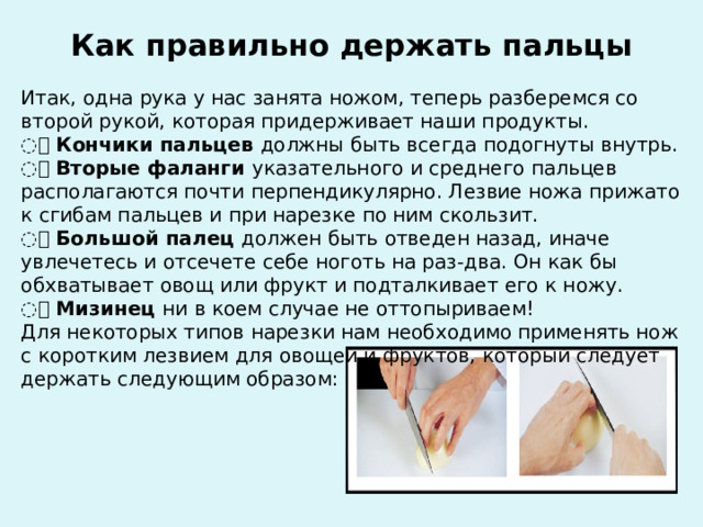 Итак, одна рука у нас занята ножом, теперь разберемся со второй рукой, которая придерживает наши продукты. ⃰  Кончики пальцев  должны быть всегда подогнуты внутрь. ⃰  Вторые фаланги  указательного и среднего пальцев располагаются почти перпендикулярно. Лезвие ножа прижато к сгибам пальцев и при нарезке по ним скользит. ⃰  Большой палец  должен быть отведен назад, иначе увлечетесь и отсечете себе ноготь на раз-два. Он как бы обхватывает овощ или фрукт и подталкивает его к ножу. ⃰  Мизинец  ни в коем случае не оттопыриваем! Для некоторых типов нарезки нам необходимо применять нож с коротким лезвием для овощей и фруктов, который следует держать следующим образом: Как правильно держать пальцы   