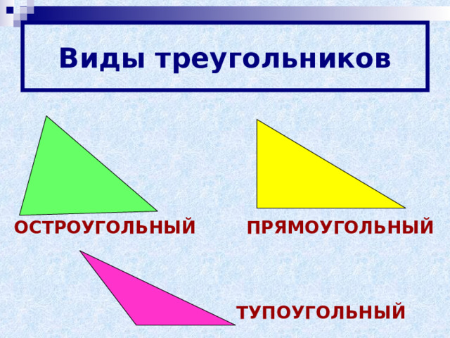 Виды треугольников ОСТРОУГОЛЬНЫЙ ПРЯМОУГОЛЬНЫЙ ТУПОУГОЛЬНЫЙ  