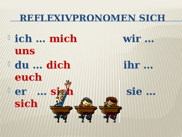 Reflexivpronomen sich ich … mich wir … uns  du … dich ihr … euch er … sich sie … sich  