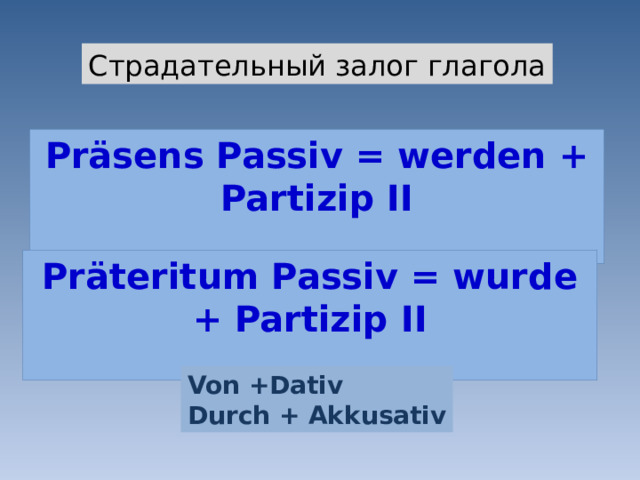 Страдательный залог глагола Präsens Passiv = werden + Partizip II   Präteritum Passiv = wurde + Partizip II   Von +Dativ Durch + Akkusativ 