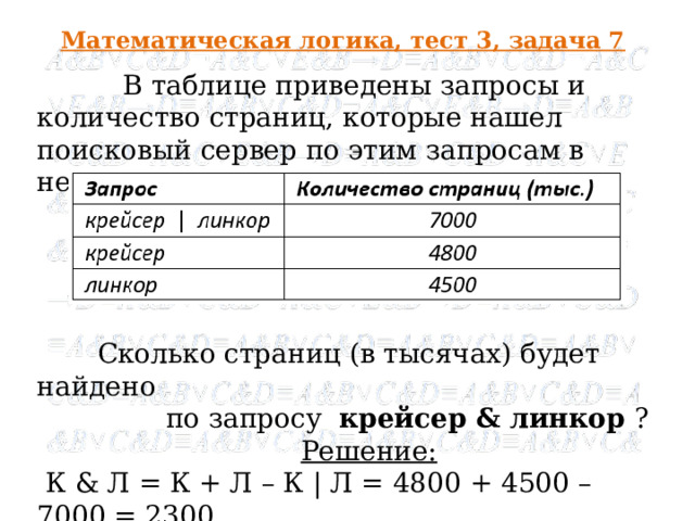 Математическая логика, тест 3, задача 7 В таблице приведены запросы и количество страниц, которые нашел поисковый сервер по этим запросам в некотором сегменте Интернета: Сколько страниц (в тысячах) будет найдено по запросу крейсер & линкор ? Решение: К & Л = К + Л – К | Л = 4800 + 4500 – 7000 = 2300 Ответ : 2300 