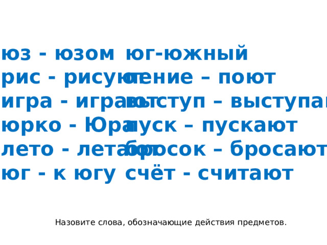 юз - юзом юг-южный рис - рисуют пение – поют игра - играют выступ – выступают юрко - Юра пуск – пускают лето - летают бросок – бросают юг - к югу счёт - считают Назовите слова, обозначающие действия предметов. 