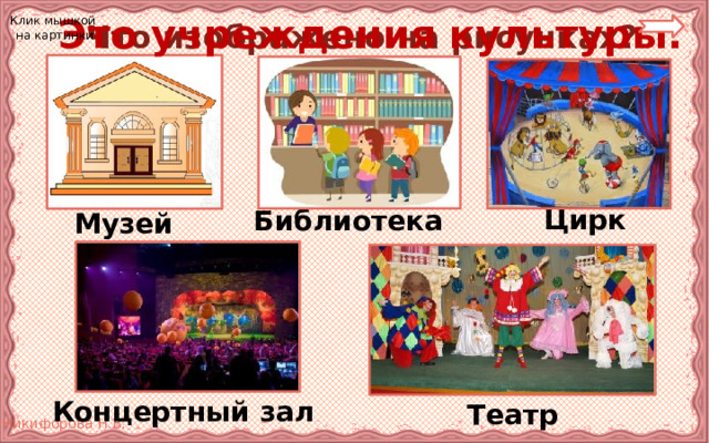 Что изображено на рисунках? Это учреждения культуры. Клик мышкой на картинки Цирк Библиотека Музей Концертный зал Театр 