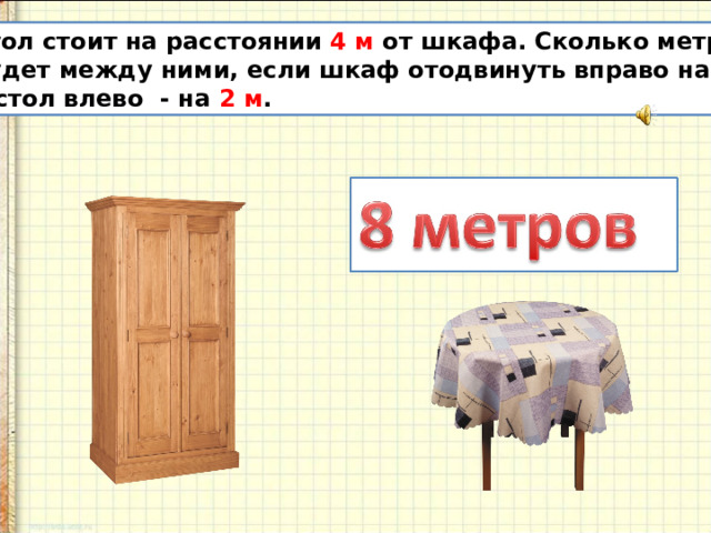 На столе стоит 4. Стол стоит на расстоянии 4 м от шкафа. Оценка шкафа сколько ?. Стол отстоит от шкафа на 4 метра сколько метров будет. Телевизор на 1 м влево а стол на 1 м вправо.