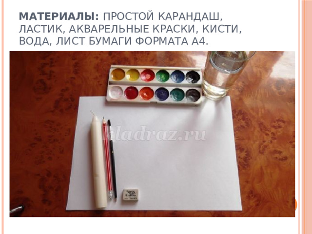 Материалы:  Простой карандаш, ластик, акварельные краски, кисти, вода, лист бумаги формата А4. 