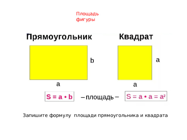Площадь фигуры Запишите формулу площади прямоугольника и квадрата 