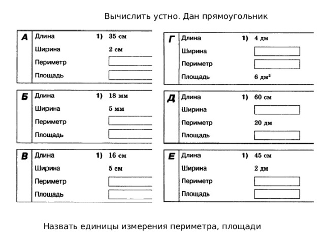 Вычислить устно. Дан прямоугольник Назвать единицы измерения периметра, площади 
