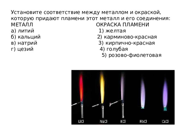 Установите соответствие между металлом и окраской, которую придают пламени этот металл и его соединения:  МЕТАЛЛ ОКРАСКА ПЛАМЕНИ  а) литий 1) желтая  б) кальций 2) карминово-красная  в) натрий 3) кирпично-красная  г) цезий 4) голубая  5) розово-фиолетовая 