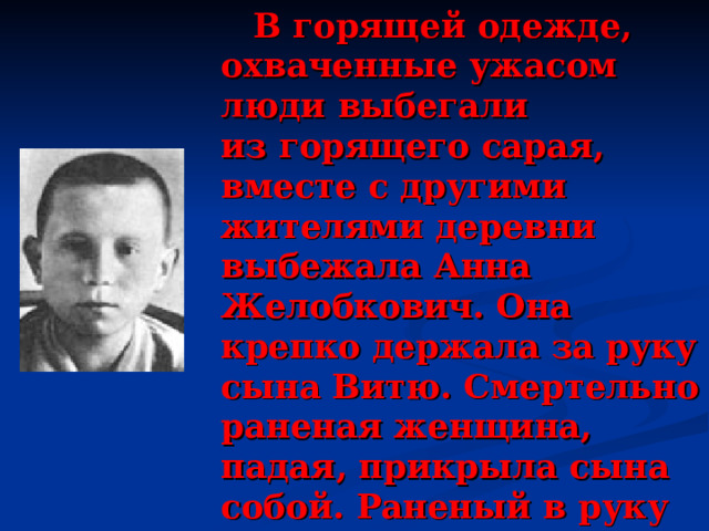  В горящей одежде, охваченные ужасом люди выбегали из горящего сарая, вместе с другими жителями деревни выбежала Анна Желобкович. Она крепко держала за руку сына Витю. Смертельно раненая женщина, падая, прикрыла сына собой. Раненый в руку ребенок пролежал под трупом матери до ухода фашистов из деревни.   