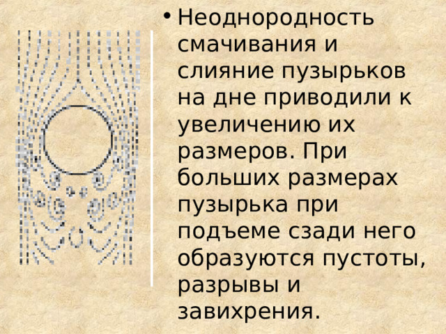 Неоднородность смачивания и слияние пузырьков на дне приводили к увеличению их размеров. При больших размерах пузырька при подъеме сзади него образуются пустоты, разрывы и завихрения. 