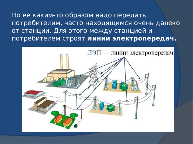 Но ее каким-то образом надо передать потребителям, часто находящимся очень далеко от станции. Для этого между станцией и потребителем строят  линии электропередач. 