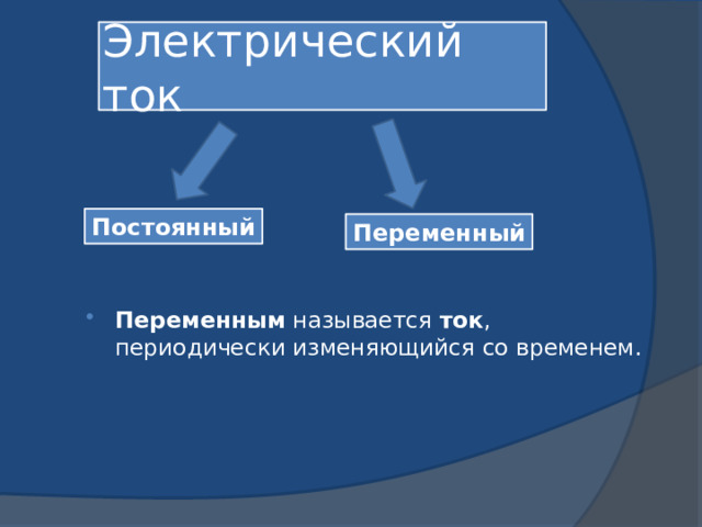 Электрический ток Постоянный Переменный Переменным  называется  ток , периодически изменяющийся со временем. 