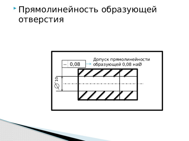 Прямолинейность образующей отверстия Допуск прямолинейности образующей 0,08 наØ 0,08 10 