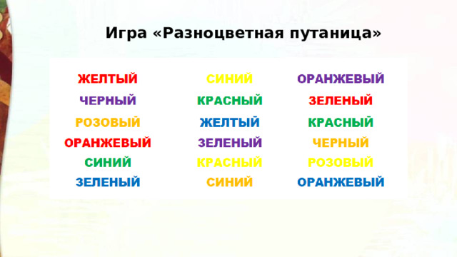 Игра «Разноцветная путаница» Назовите цвет, с помощью которого записано слово.  