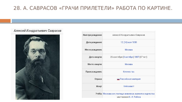 28. А. САВРАСОВ «ГРАЧИ ПРИЛЕТЕЛИ» РАБОТА ПО КАРТИНЕ.   