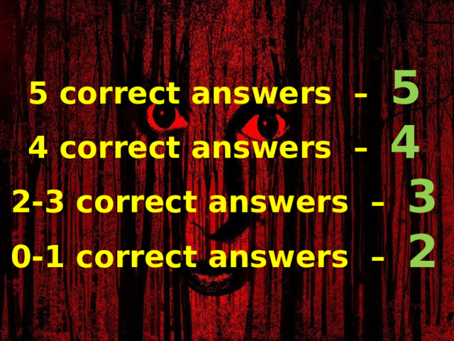 5 correct answers – 5  4 correct answers – 4  2-3 correct answers – 3  0-1 correct answers – 2 