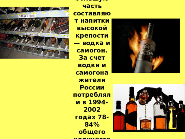 в России большую часть составляют напитки высокой крепости — водка и самогон. За счет водки и самогона жители России потребляли в 1994-2002 годах 78-84% общего количества чистого алкоголя .   