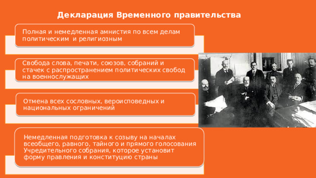 Декларация Временного правительства Полная и немедленная амнистия по всем делам политическим и религиозным Свобода слова, печати, союзов, собраний и стачек с распространением политических свобод на военнослужащих Отмена всех сословных, вероисповедных и национальных ограничений Немедленная подготовка к созыву на началах всеобщего, равного, тайного и прямого голосования Учредительного собрания, которое установит форму правления и конституцию страны 