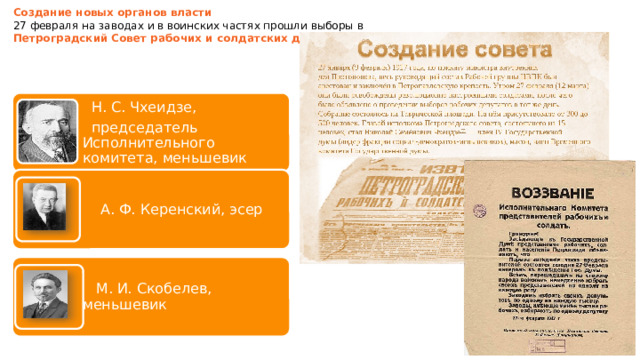 Создание новых органов власти 27 февраля на заводах и в воинских частях прошли выборы в Петроградский Совет рабочих и солдатских депутатов  Н. С. Чхеидзе,  председатель Исполнительного комитета, меньшевик  А. Ф. Керенский, эсер  М. И. Скобелев, меньшевик 