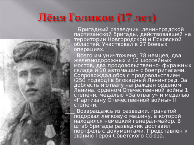  Бригадный разведчик ленинградской партизанской бригады, действовавшей на территории Новгородской и Псковской областей. Участвовал в 27 боевых операциях.  Всего им уничтожено: 78 немцев, два железнодорожных и 12 шоссейных мостов, два продовольственно- фуражных склада и 10 автомашин с боеприпасами. Сопровождал обоз с продовольствием (250 подвод) в блокадный Ленинград. За доблесть и отвагу награждён орденом Ленина, орденом Отечественной войны 1 степени, медалью «За отвагу» и медалью «Партизану Отечественной войны» II степени.   Возвращаясь из разведки, гранатой подорвал легковую машину, в которой находился немецкий генерал-майор. В штаб бригады разведчик доставил портфель с документами. Представлен к званию Героя Советского Союза. 