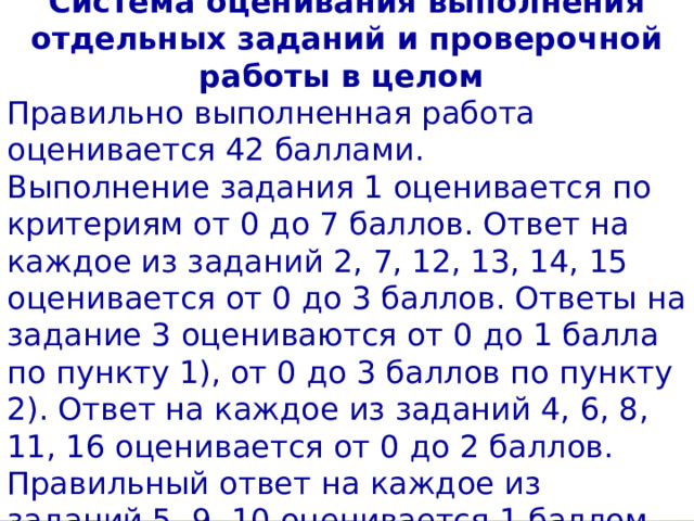 Система оценивания выполнения отдельных заданий и проверочной работы в целом Правильно выполненная работа оценивается 42 баллами. Выполнение задания 1 оценивается по критериям от 0 до 7 баллов. Ответ на каждое из заданий 2, 7, 12, 13, 14, 15 оценивается от 0 до 3 баллов. Ответы на задание 3 оцениваются от 0 до 1 балла по пункту 1), от 0 до 3 баллов по пункту 2). Ответ на каждое из заданий 4, 6, 8, 11, 16 оценивается от 0 до 2 баллов. Правильный ответ на каждое из заданий 5, 9, 10 оценивается 1 баллом. 