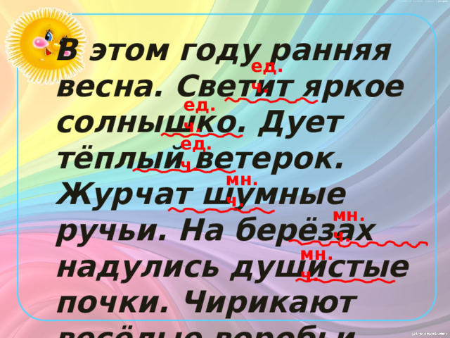 В этом году ранняя весна. Светит яркое солнышко. Дует тёплый ветерок. Журчат шумные ручьи. На берёзах надулись душистые почки. Чирикают весёлые воробьи. ед.ч. ед.ч. ед.ч. мн.ч. мн.ч. мн.ч. 