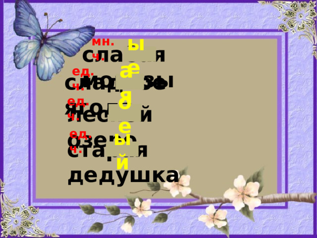 мн.ч. слабая морозы ые ед.ч. сладкое ягода ая ед.ч. лесной озеро ое ед.ч. старая дедушка ый 