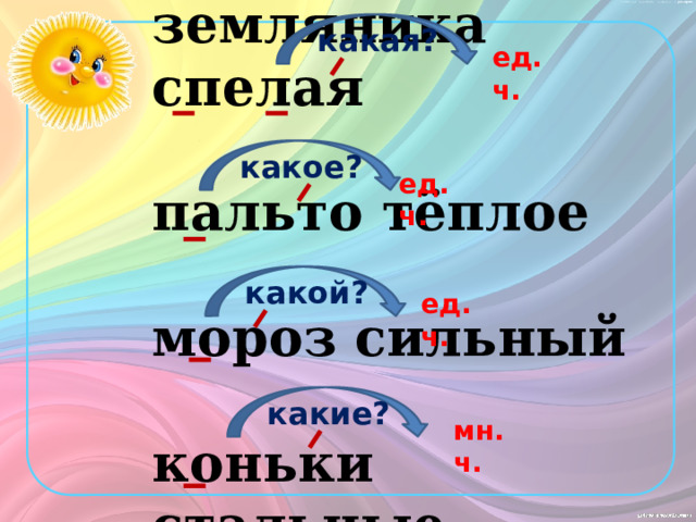 земляника спелая  пальто тёплое  мороз сильный  коньки стальные какая? ед.ч. какое? ед.ч. какой? ед.ч. какие? мн.ч. 