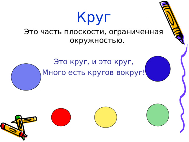 Круг Это часть плоскости, ограниченная окружностью. Это круг, и это круг, Много есть кругов вокруг! 