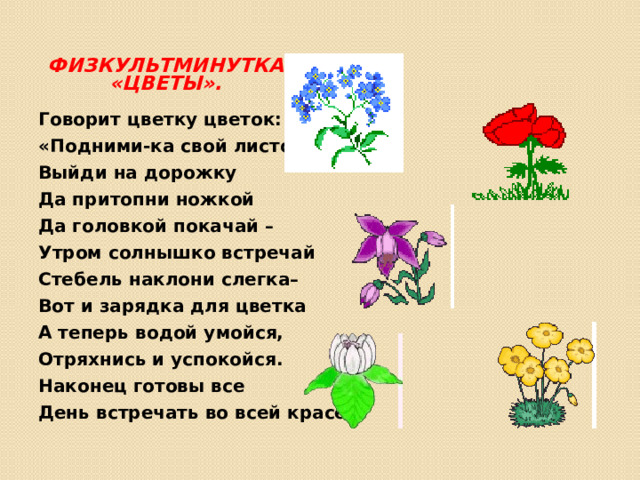 физкультминутка «цветы». Говорит цветку цветок: «Подними-ка свой листок, Выйди на дорожку Да притопни ножкой Да головкой покачай – Утром солнышко встречай Стебель наклони слегка– Вот и зарядка для цветка А теперь водой умойся, Отряхнись и успокойся. Наконец готовы все День встречать во всей красе».    