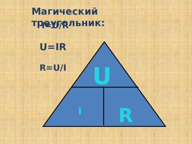 Магический треугольник:  I=U/R  U=IR  R=U/I U U R  I R I 