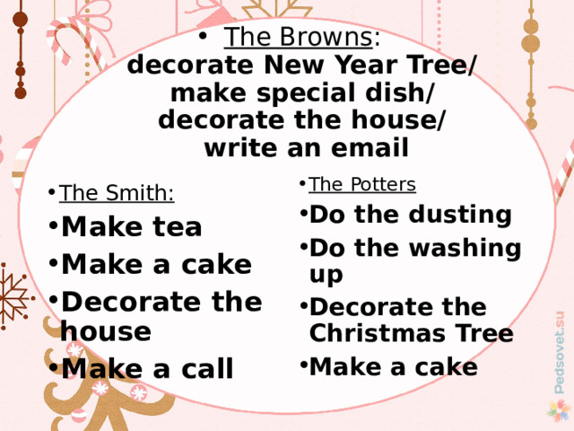 The Browns :  decorate New Year Tree/  make special dish/  decorate the house/  write an email     The Smith: Make tea Make a cake Decorate the house Make a call The Potters Do the dusting Do the washing up Decorate the Christmas Tree Make a cake 