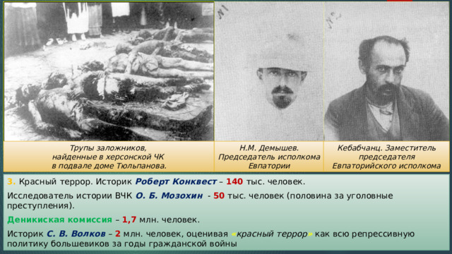 Трупы заложников, Н.М. Демышев. Председатель исполкома Евпатории Кебабчанц. Заместитель председателя Евпаторийского исполкома найденные в херсонской ЧК в подвале доме Тюльпанова. 3. Красный террор. Историк Роберт Конквест – 140 тыс. человек. Исследователь истории ВЧК О. Б. Мозохин - 50 тыс. человек (половина за уголовные преступления). Деникиская комиссия – 1,7 млн. человек. Историк С. В. Волков – 2 млн. человек, оценивая « красный террор »  как всю репрессивную политику большевиков за годы гражданской войны 