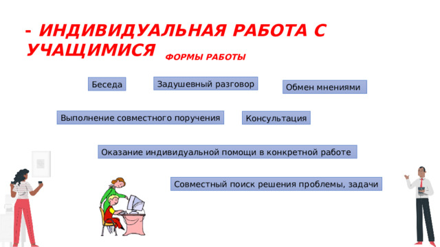 - Индивидуальная работа с учащимися ФОРМЫ РАБОТЫ Задушевный разговор Беседа Обмен мнениями Выполнение совместного поручения Консультация Оказание индивидуальной помощи в конкретной работе Совместный поиск решения проблемы, задачи 