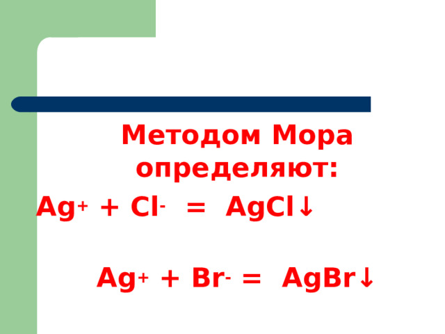 Методом Мора определяют: Ag + + Cl - = AgCl↓  Ag + + Br - = AgBr↓  