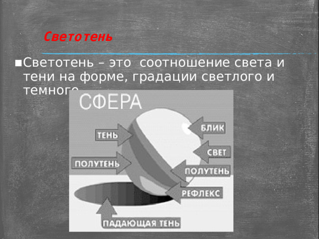 Светотень Светотень – это соотношение света и тени на форме, градации светлого и темного. 