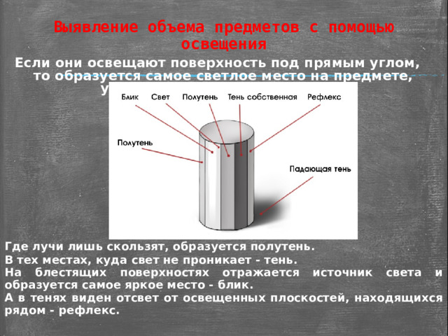 Выявление объема предметов с помощью освещения Если они освещают поверхность под прямым углом, то образуется самое светлое место на предмете, условно мы называем его свет. Где лучи лишь скользят, образуется полутень. В тех местах, куда свет не проникает - тень. На блестящих поверхностях отражается источник света и образуется самое яркое место - блик. А в тенях виден отсвет от освещенных плоскостей, находящихся рядом - рефлекс.  