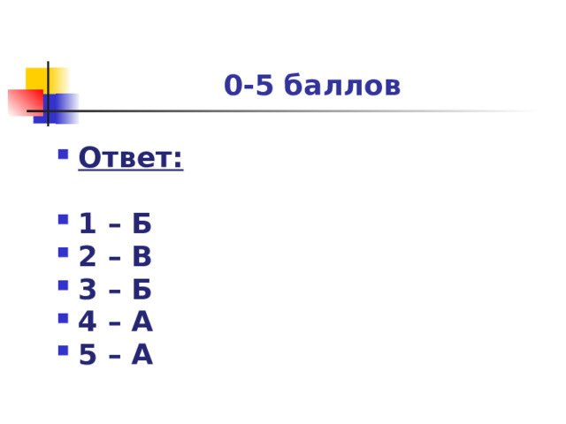 0-5 баллов Ответ:  1 – Б 2 – В 3 – Б 4 – А 5 – А 