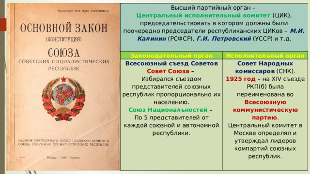 Высший партийный орган – Центральный исполнительный комитет (ЦИК), председательствовать в котором должны были поочередно председатели республиканских ЦИКов – М.И. Калинин (РСФСР), Г.И. Петровский (УССР) и т.д. Законодательный орган Всесоюзный съезд Советов Исполнительный орган Совет Союза – Совет Народных комиссаров (СНК). Избирался съездом представителей союзных республик пропорционально их населению. 1925 год – на XIV съезде РКП(б) была переименована во Всесоюзную коммунистическую партию . Союз Национальностей – Центральный комитет в Москве определял и утверждал лидеров компартий союзных республик. По 5 представителей от каждой союзной и автономной республики. 