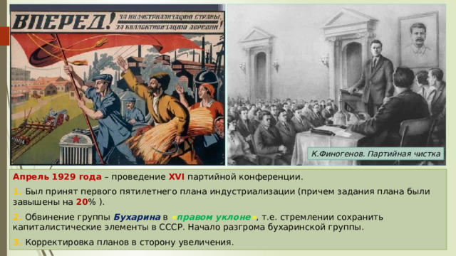 К.Финогенов. Партийная чистка Апрель 1929 года – проведение XVI партийной конференции. 1. Был принят первого пятилетнего плана индустриализации (причем задания плана были завышены на 20 % ). 2. Обвинение группы Бухарина в « правом уклоне » , т.е. стремлении сохранить капиталистические элементы в СССР. Начало разгрома бухаринской группы. 3. Корректировка планов в сторону увеличения. 