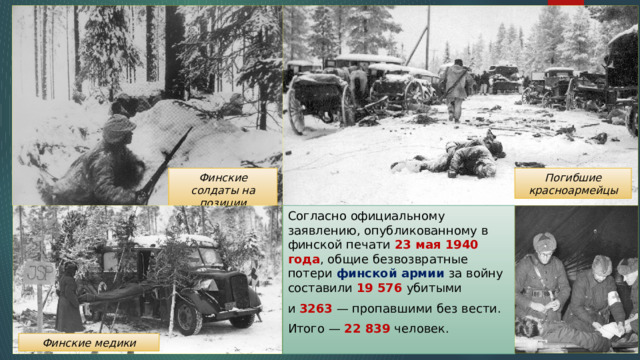 Погибшие красноармейцы Финские солдаты на позиции Согласно официальному заявлению, опубликованному в финской печати 23 мая 1940 года , общие безвозвратные потери финской армии за войну составили 19 576 убитыми и 3263 — пропавшими без вести. Итого — 22 839 человек. Финские медики 