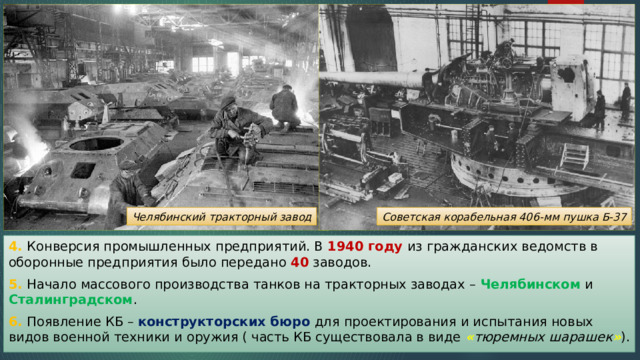 Челябинский тракторный завод Советская корабельная 406-мм пушка Б-37 4. Конверсия промышленных предприятий. В 1940 году из гражданских ведомств в оборонные предприятия было передано 40 заводов. 5. Начало массового производства танков на тракторных заводах – Челябинском и Сталинградском . 6. Появление КБ – конструкторских бюро для проектирования и испытания новых видов военной техники и оружия ( часть КБ существовала в виде « тюремных шарашек » ). 