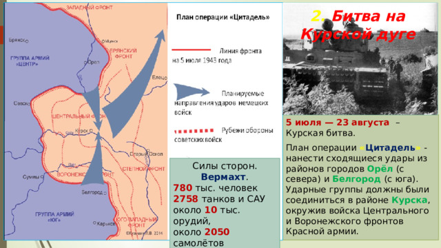 2. Битва на Курской дуге 5 июля — 23 августа – Курская битва. План операции « Цитадель »  - нанести сходящиеся удары из районов городов Орёл (с севера) и Белгород (с юга). Ударные группы должны были соединиться в районе Курска , окружив войска Центрального и Воронежского фронтов Красной армии. Силы сторон. Вермахт . 780 тыс. человек 2758 танков и САУ около 10 тыс. орудий, около 2050 самолётов 