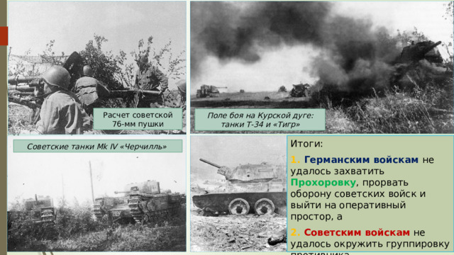 Расчет советской 76-мм пушки Поле боя на Курской дуге: танки Т-34 и «Тигр» Итоги: 1. Германским войскам не удалось захватить Прохоровку , прорвать оборону советских войск и выйти на оперативный простор, а 2. Советским войскам не удалось окружить группировку противника. Советские танки Mk IV «Черчилль» 