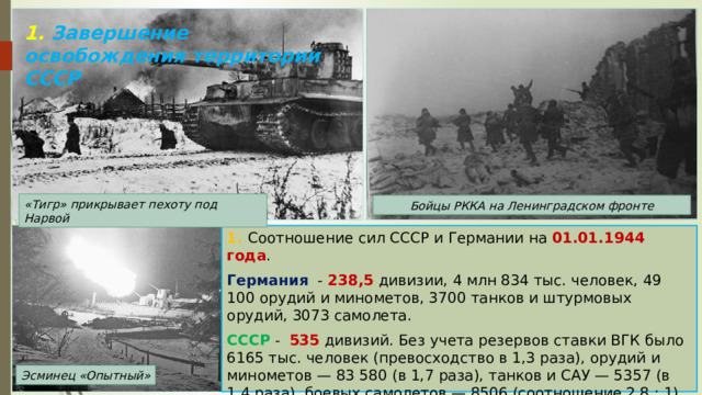 1. Завершение освобождения территории СССР «Тигр» прикрывает пехоту под Нарвой Бойцы РККА на Ленинградском фронте 1. Соотношение сил СССР и Германии на 01.01.1944 года . Германия - 238,5 дивизии, 4 млн 834 тыс. человек, 49 100 орудий и минометов, 3700 танков и штурмовых орудий, 3073 самолета. СССР - 535 дивизий. Без учета резервов ставки ВГК было 6165 тыс. человек (превосходство в 1,3 раза), орудий и минометов — 83 580 (в 1,7 раза), танков и САУ — 5357 (в 1,4 раза), боевых самолетов — 8506 (соотношение 2,8 : 1) Эсминец «Опытный» 