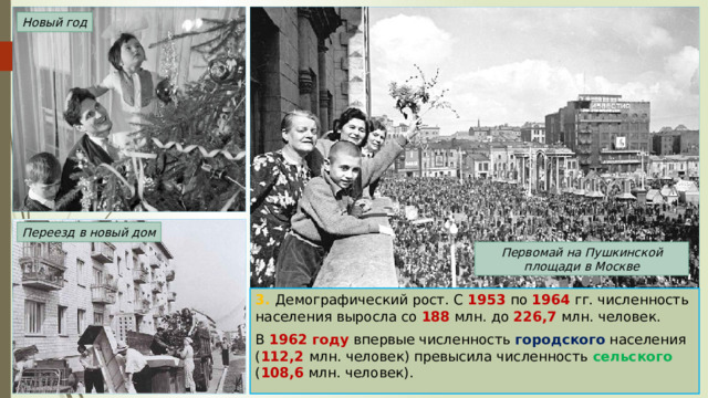 Новый год Переезд в новый дом Первомай на Пушкинской площади в Москве 3. Демографический рост. С 1953 по 1964 гг. численность населения выросла со 188 млн. до 226,7 млн. человек. В 1962 году впервые численность городского населения ( 112,2 млн. человек) превысила численность сельского ( 108,6 млн. человек). 